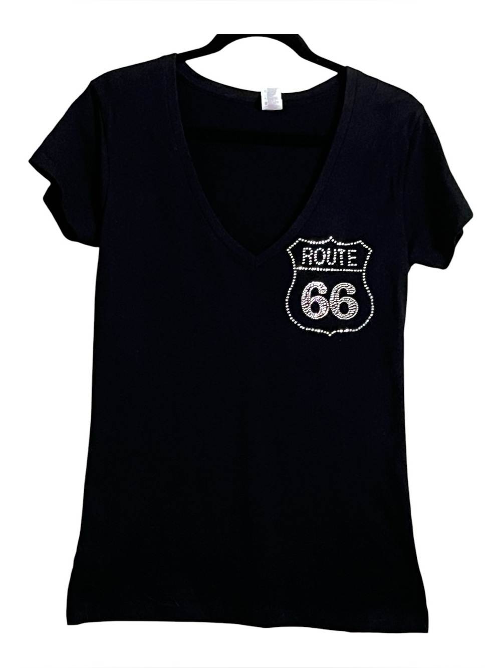 Black V-Neck Tee with Rhinestone Route 66 Shield.  Tagged XL but fits like M/L